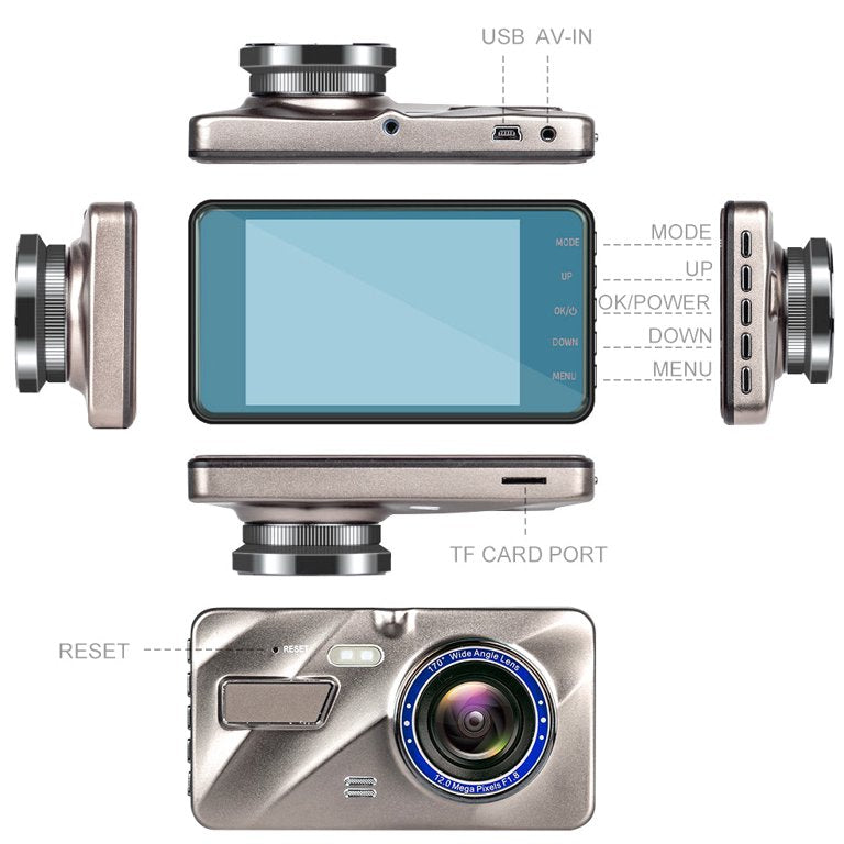 Dashcam auto con gran angular y visión nocturna, sensor G para protección en estacionamiento y grabación HD.