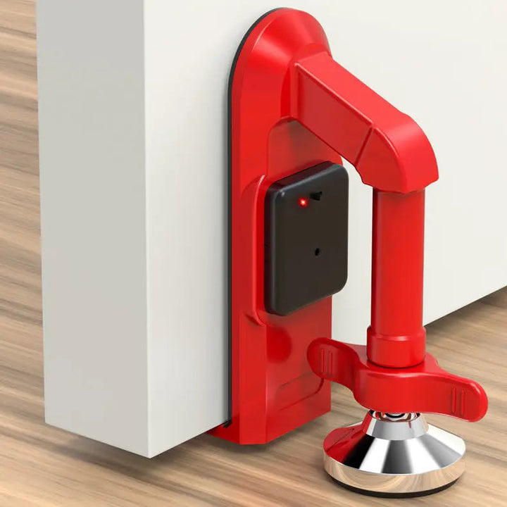 Tope de puerta con alarma portátil, ideal para seguridad en viajes, hoteles y alojamientos temporales.