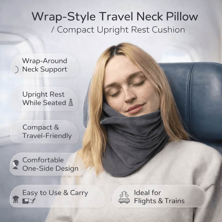 Almohada de viaje con diseño envolvente para cuello, proporciona soporte ergonómico y descanso prolongado.