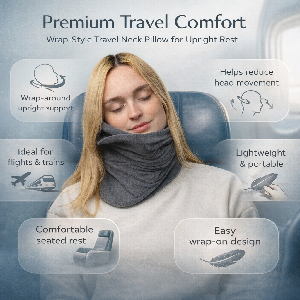 Almohada de viaje unisex para avión y coche, proporciona soporte cervical y descanso ergonómico en trayectos.