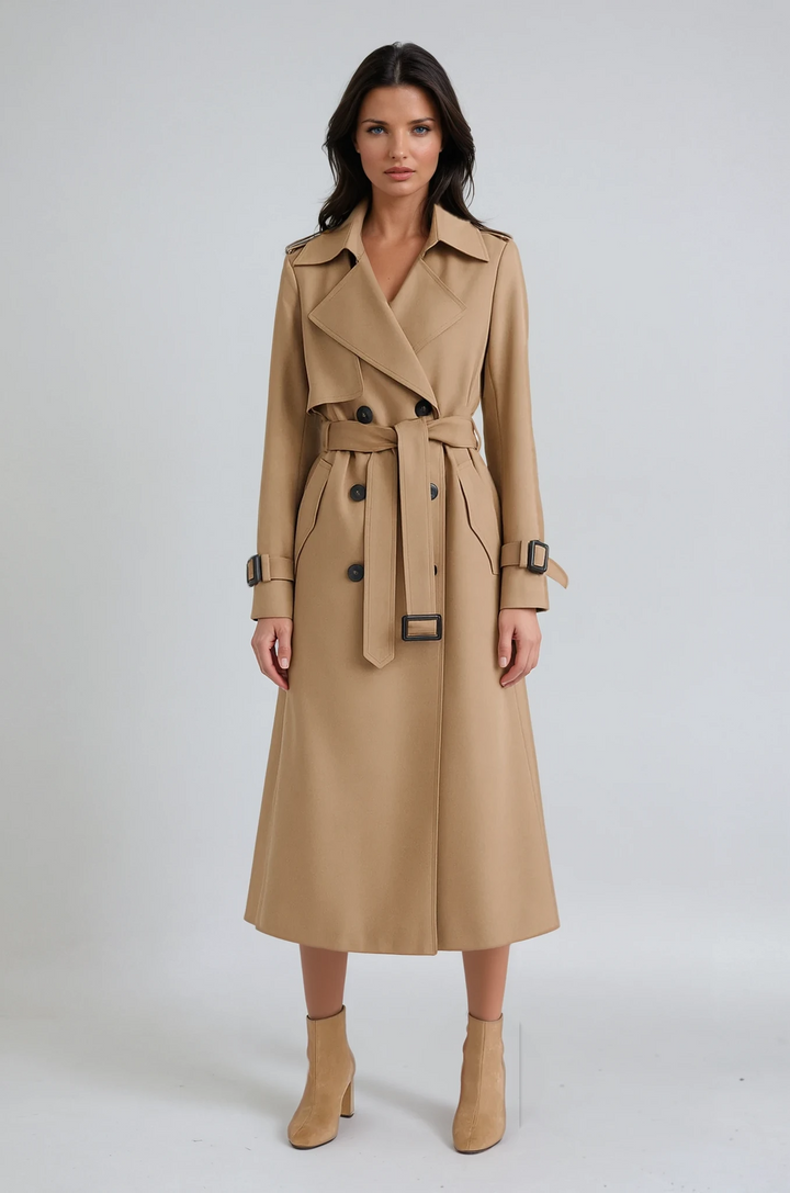 Abrigo trench elegante de invierno para mujer con cinturón, estilo cálido y moderno.