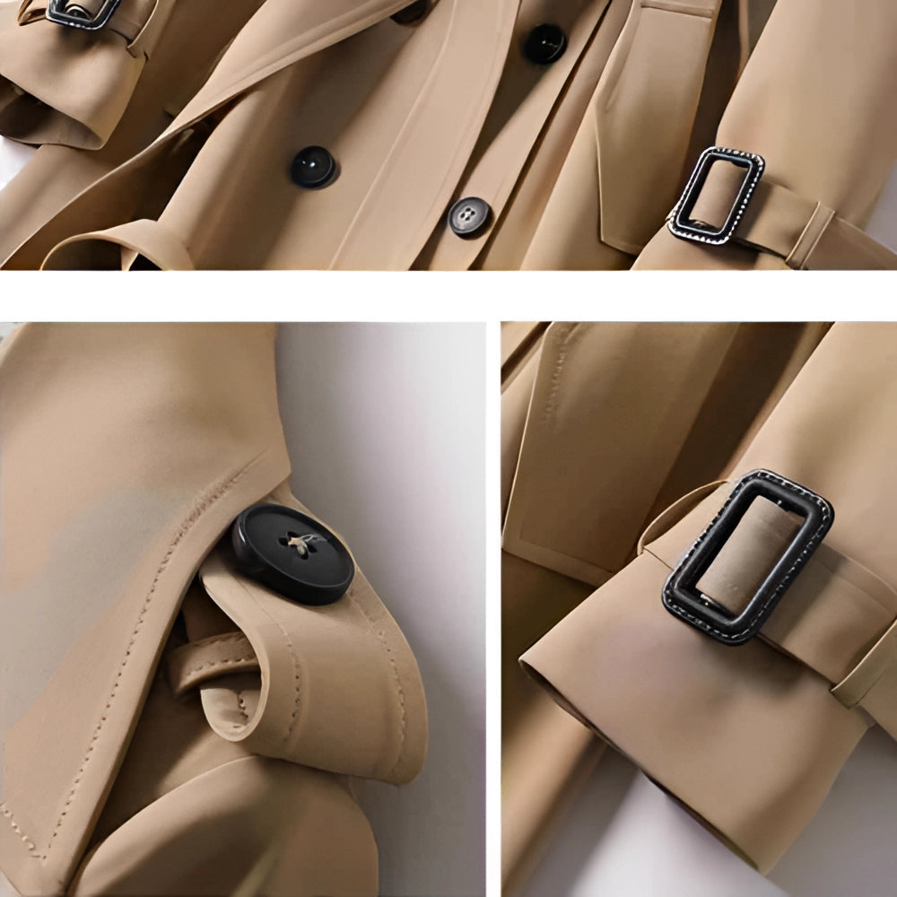 Gabardina elegante de mujer con cinturón ajustable que realza la figura, estilo clásico para otoño y primavera.