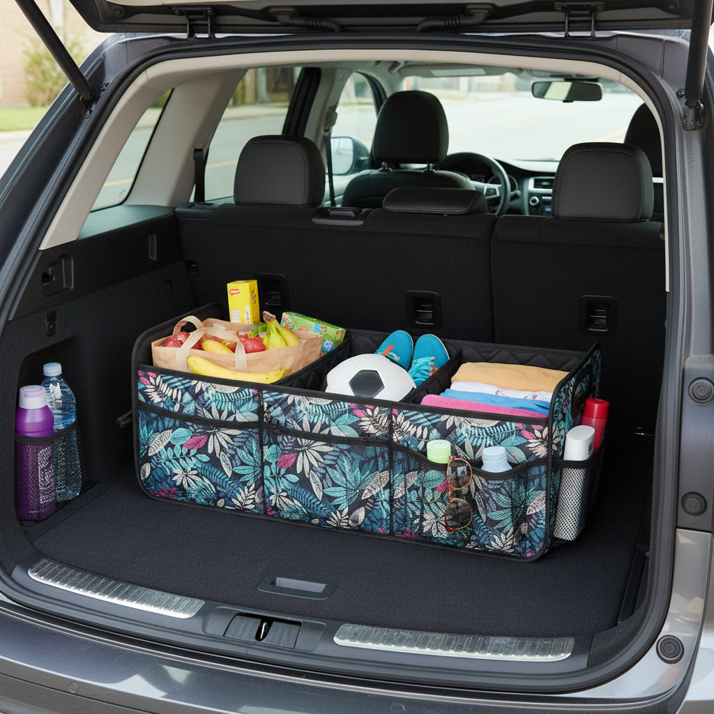 Organizador de maletero resistente y plegable para auto, almacenamiento fiable para viajes y accesorios.