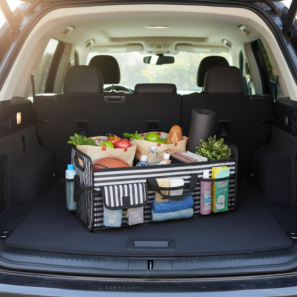 Organizador de maletero de coche cargado, plegable, gran capacidad, ideal para almacenamiento en auto.