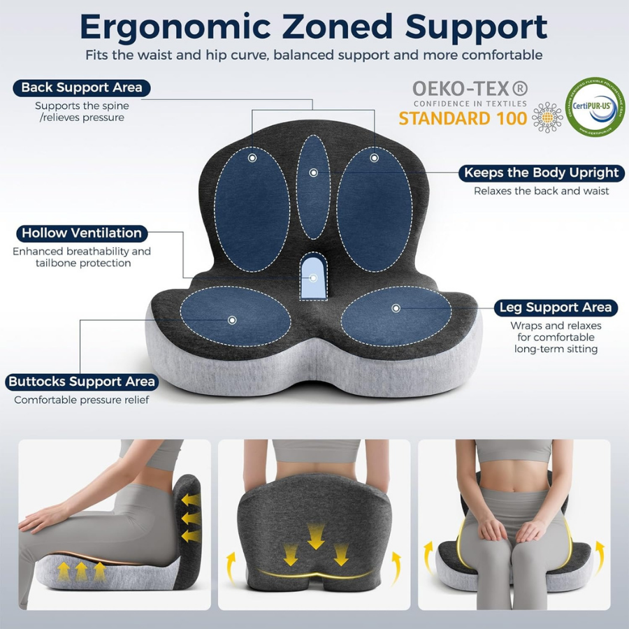 Cojín lumbar ergonómico para espalda baja. Proporciona confort y soporte de postura en la oficina o al conducir.