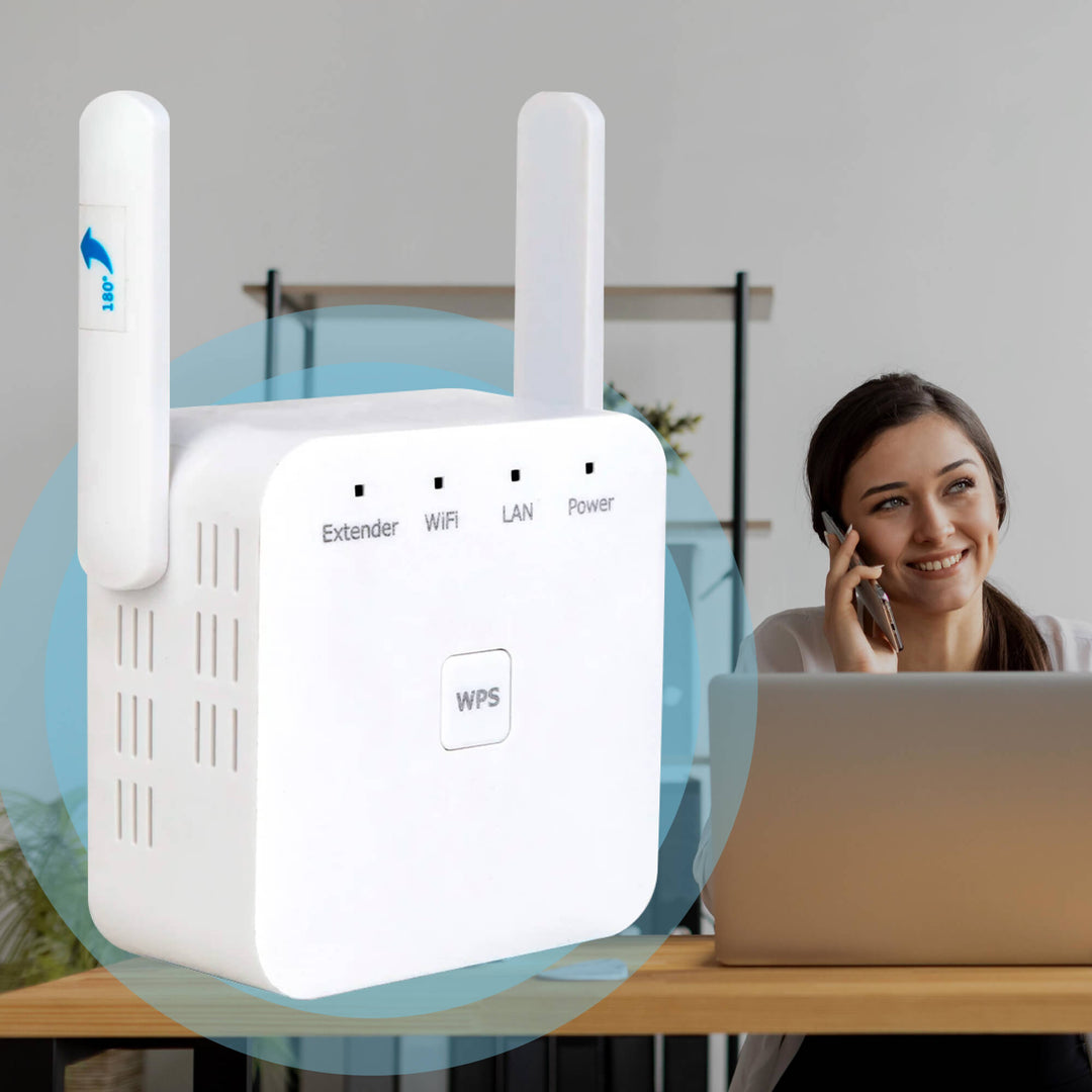 Extensor WiFi doble banda 5G para hogar y oficina. Elimina zonas muertas y amplifica señal 2.4GHz.
