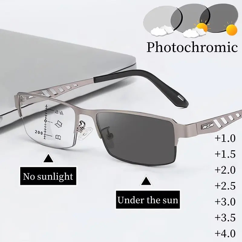 Gafas de lectura para hombre, lentes multifocales con auto-tinte fotocromático, protección UV y luz azul.