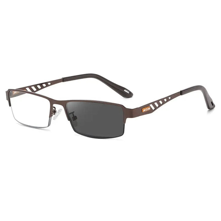 Gafas de lectura para presbicia con auto-tinte y lentes multifocales. Visión nítida y protección solar.