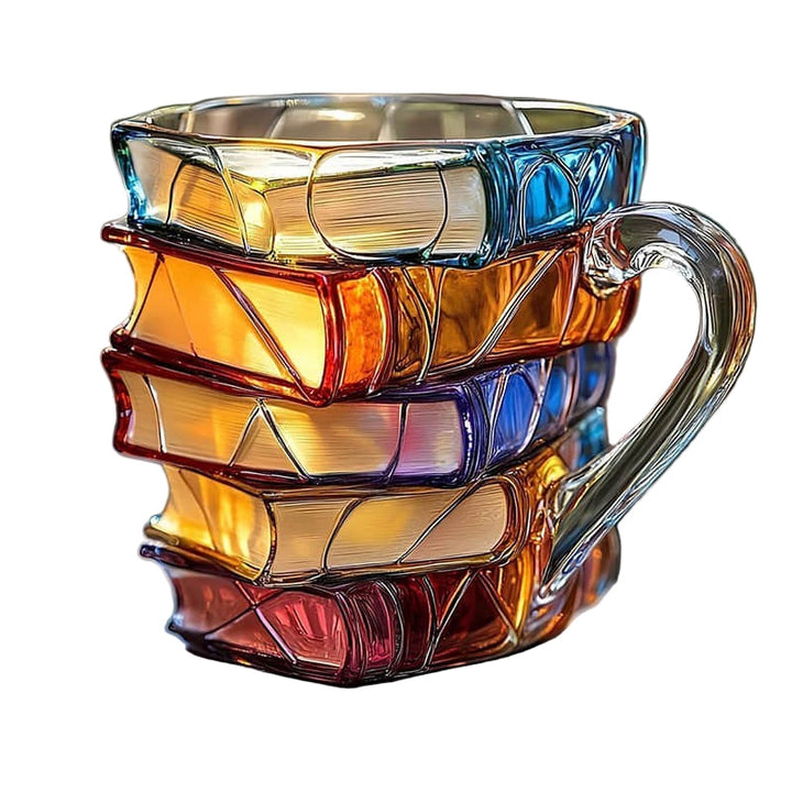 Taza de café de vidrio hecha a mano con diseño de libro. Ideal para amantes de la lectura y bibliófilos.
