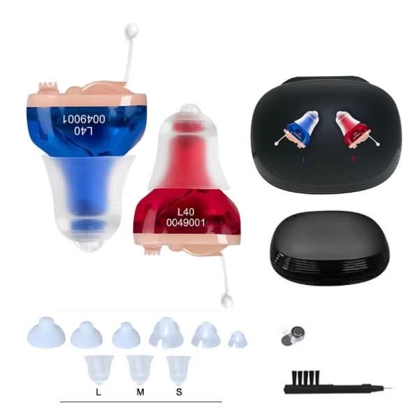 Audífono in-ear ergonómico y discreto. Recargable para adultos, asegura una audición cómoda y prolongada.