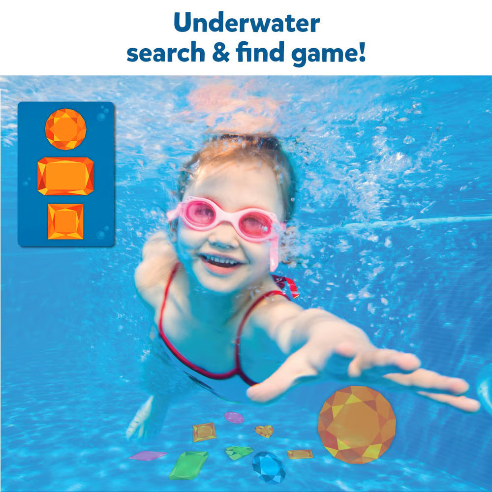 Juego subacuático de búsqueda de tesoros para niños en piscina, con juguetes acuáticos de verano.