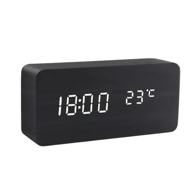 Reloj alarma LED de madera, activado por voz. Diseño minimalista para una decoración sofisticada.