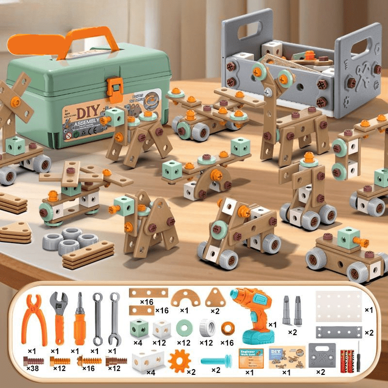 Vibrante juego de herramientas de plástico para niños, fomenta el juego didáctico y creativo.