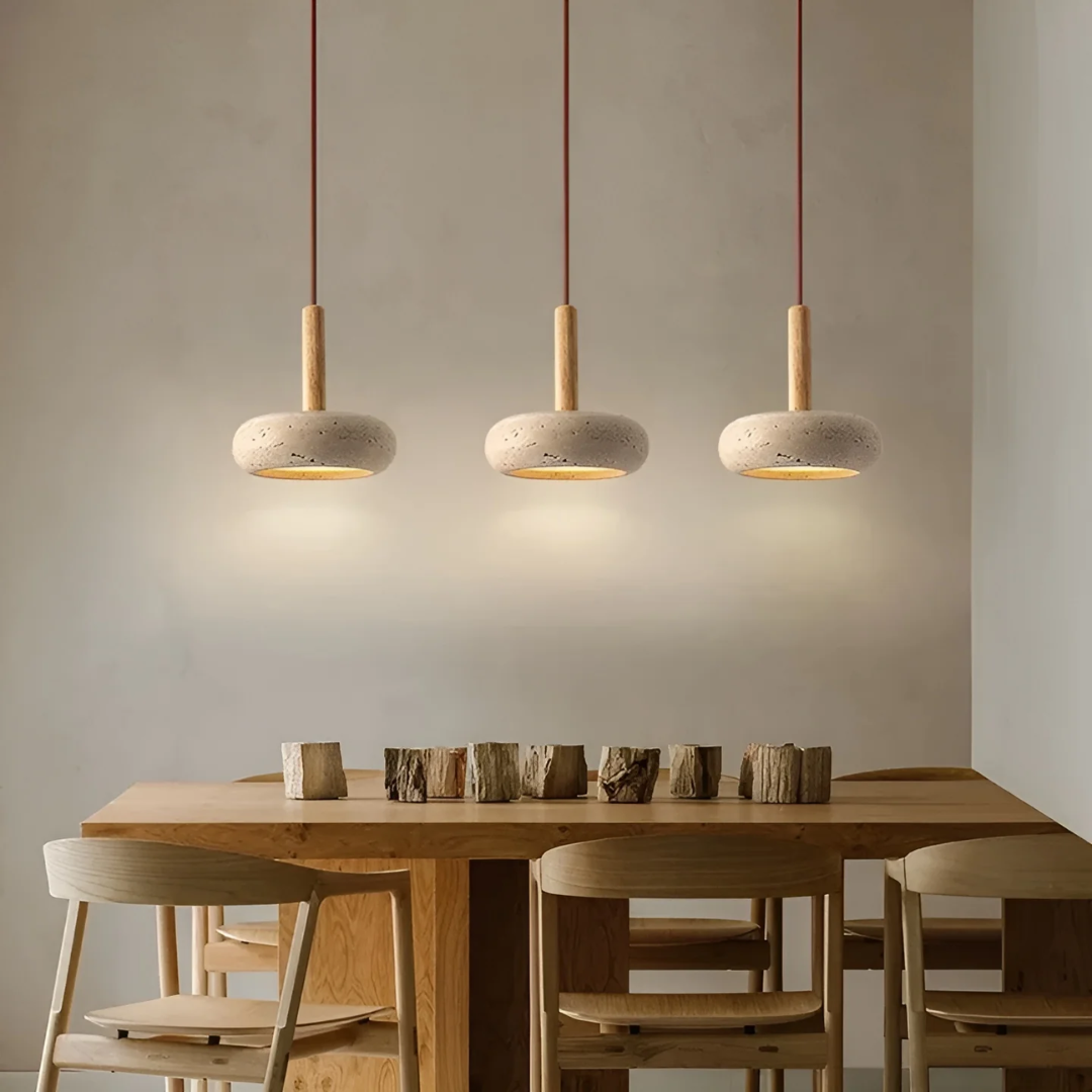 Lámpara colgante LED japonesa Ø 15cm de piedra y madera, estilo retro para iluminación de hogar.
