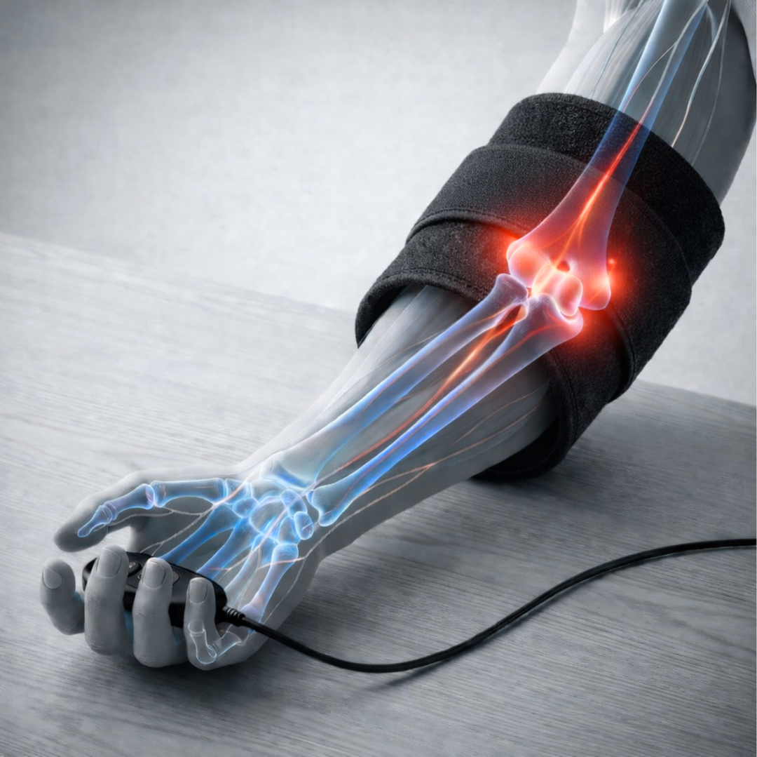 Alivio rápido del dolor de codo con envoltura de luz roja. Ideal para codo tenista y dolor articular.