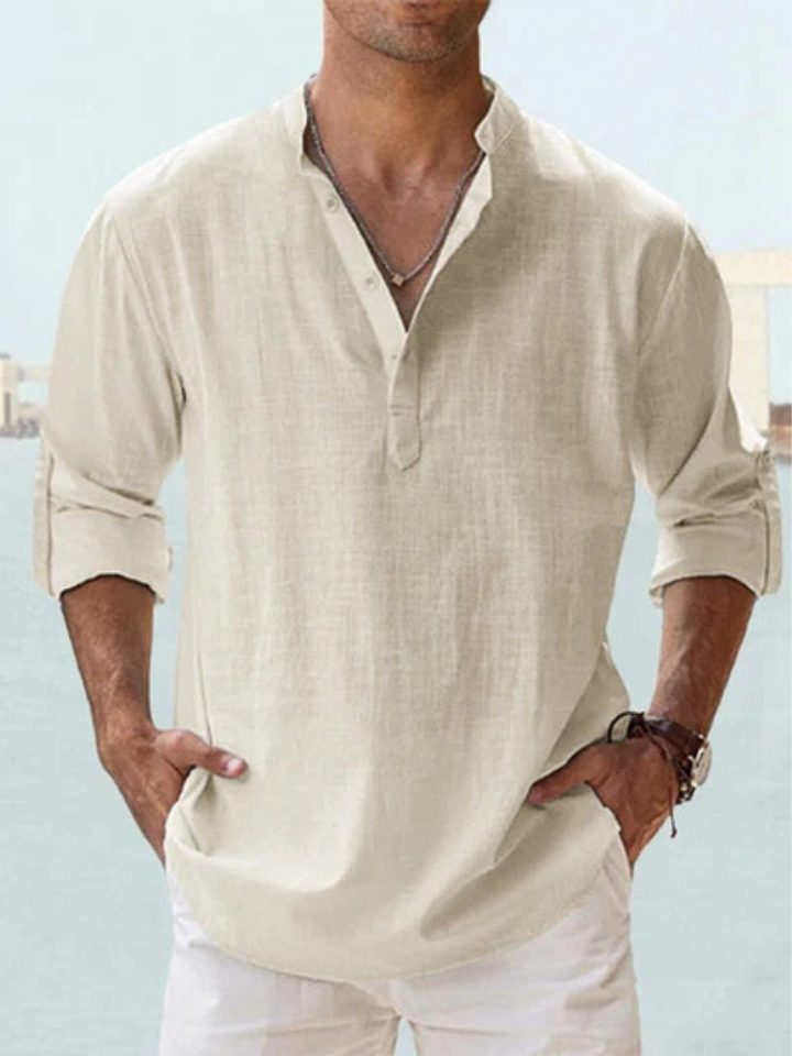 Camisa de lino para hombre, estilo casual. Perfecta para un look fresco y relajado de verano.