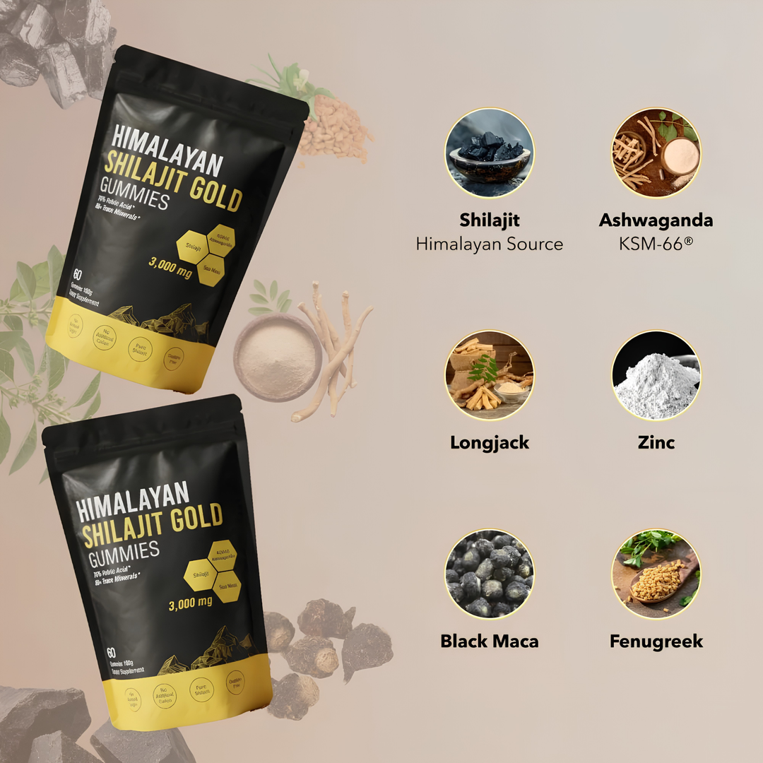 Envase de Gomitas de Shilajit del Himalaya premium; suplemento con ácido fúlvico para bienestar.
