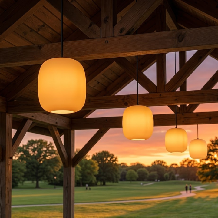 Diseño minimalista en lámpara LED colgante, perfecta para decoración de jardín japonés moderno.
