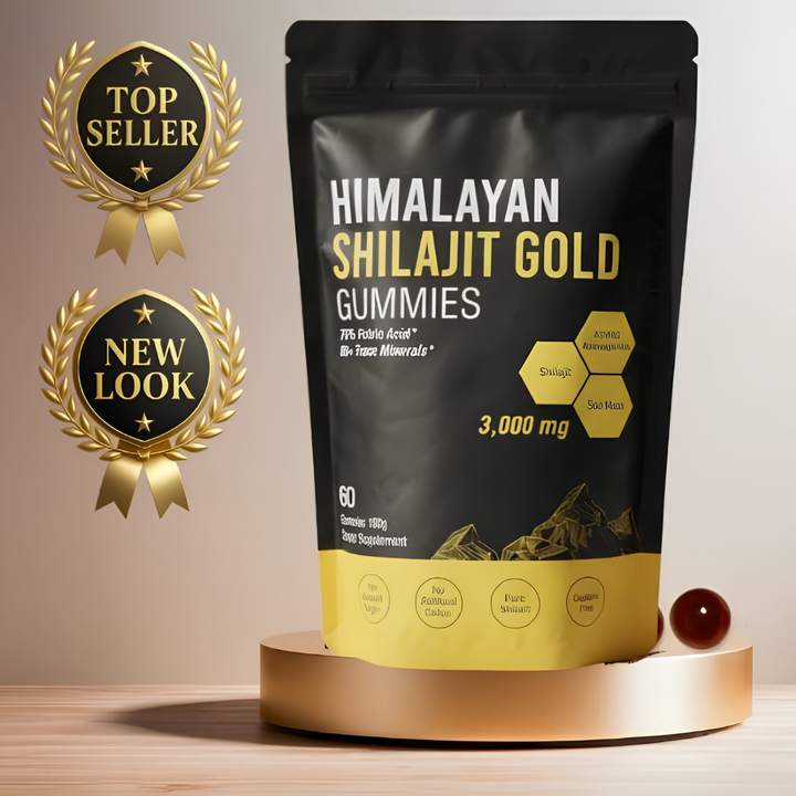 Primer plano de gomitas masticables de Shilajit para energía y recuperación. Con ácido fúlvico.
