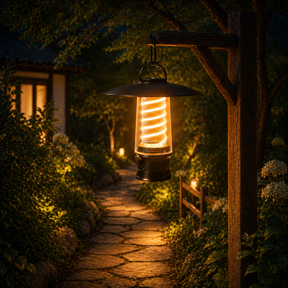 Lámpara portátil USB con iluminación ajustable para jardín, crea un ambiente cálido y acogedor.