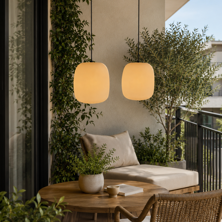 Iluminación LED colgante impermeable para patio, estilo moderno japonés y ambiente acogedor.