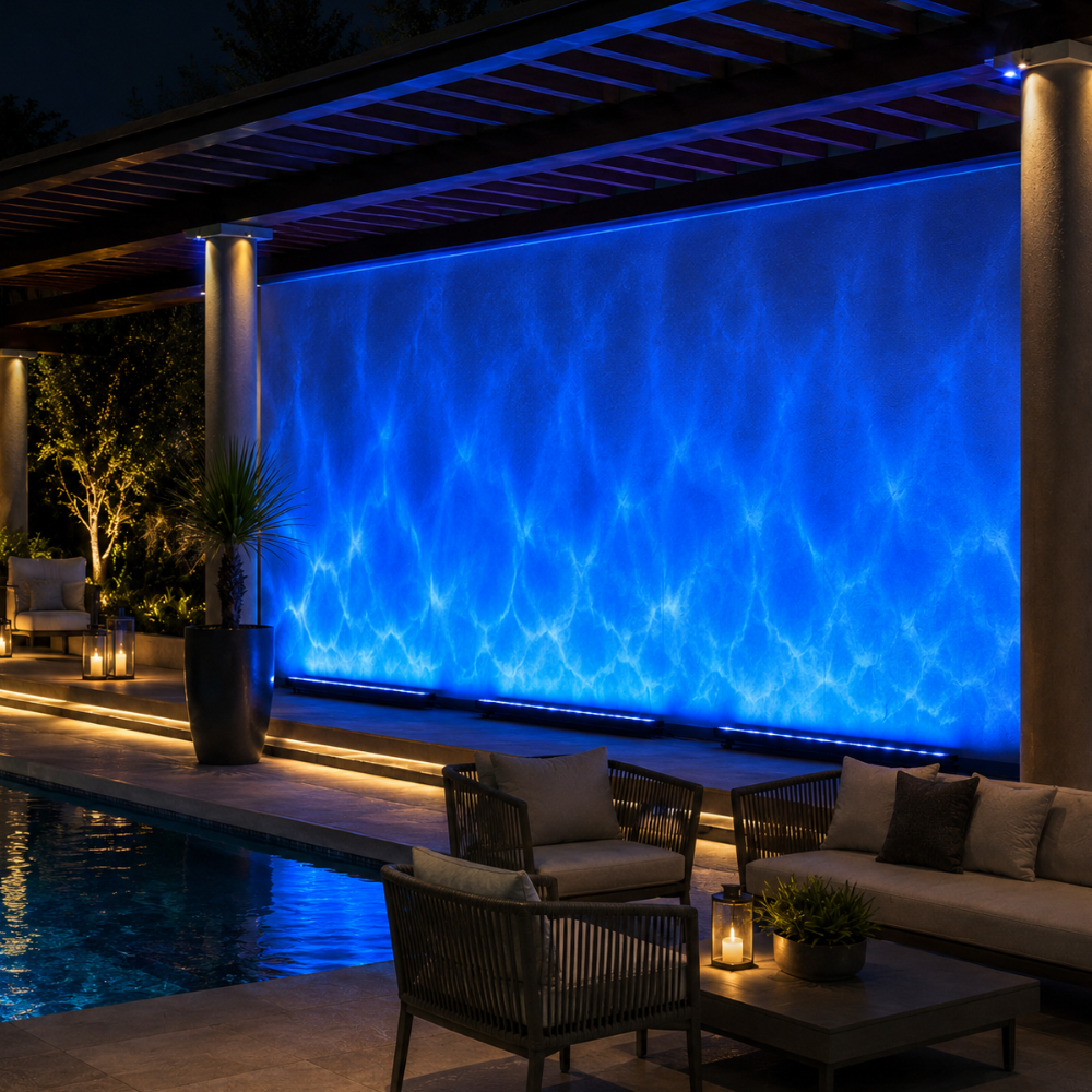Decoración exterior: luz LED RGB de pared para jardín. Efecto ola dinámico, impermeable IP65.