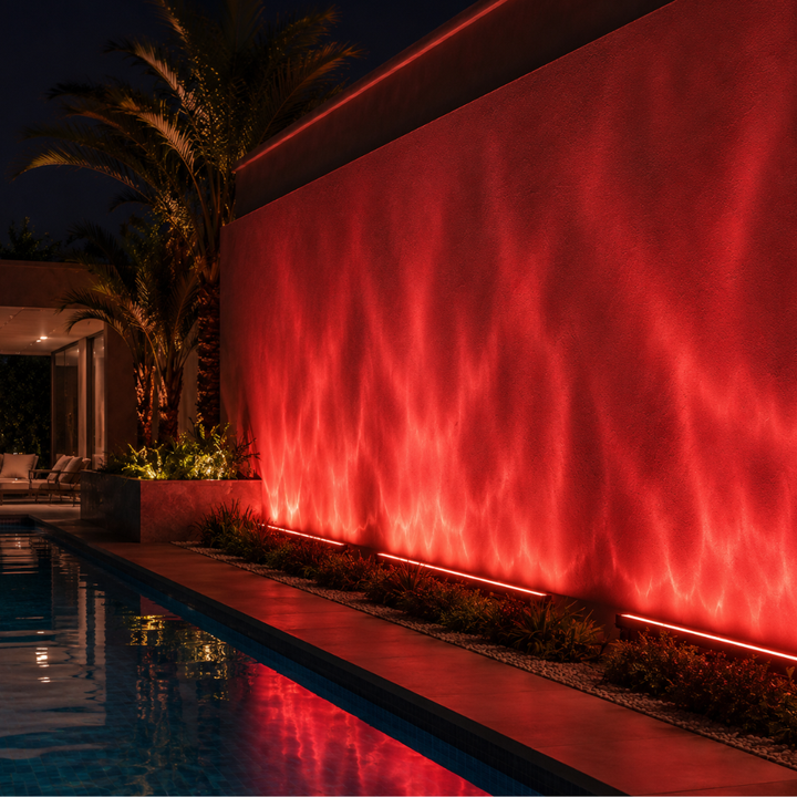Luz LED RGB dinámica de pared para jardín con efecto ola. Iluminación exterior impermeable IP65.