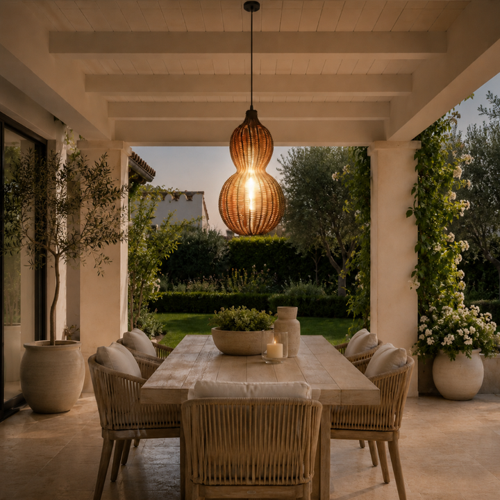 Iluminación de jardín con lámpara colgante, estilo bohemio moderno, tejida a mano.