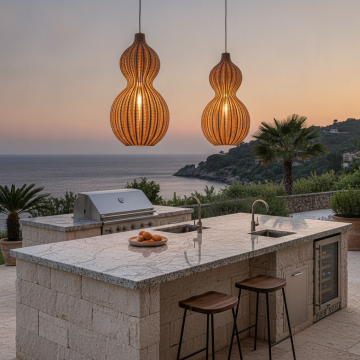 Colgante para pérgola, luz cálida, diseño tejido, resistente al agua IP65 para exterior.