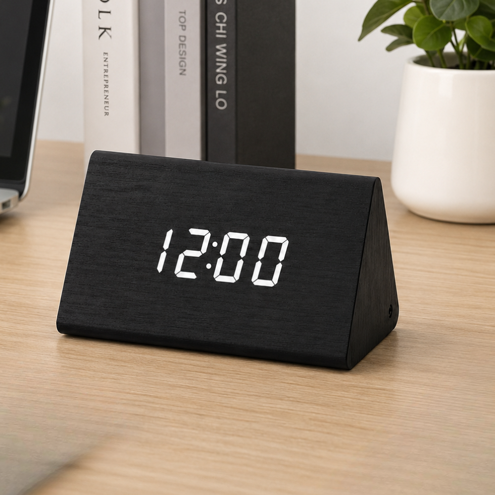 Reloj despertador digital moderno con control sonoro, pantalla HD para mesita de noche.
