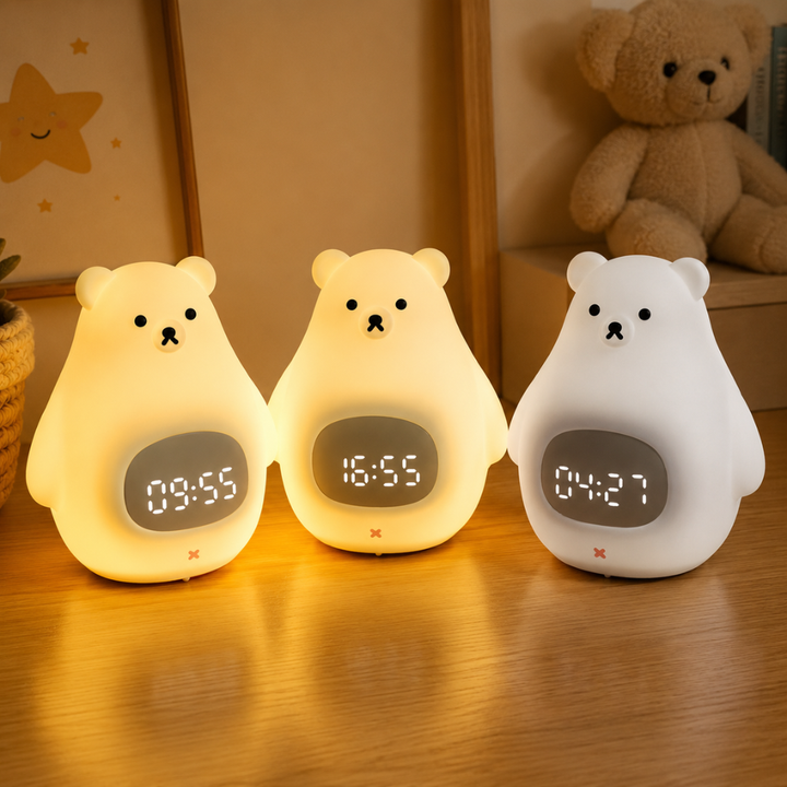 Reloj despertador LED oso polar para niños con luz nocturna suave, decoración de dormitorio infantil.