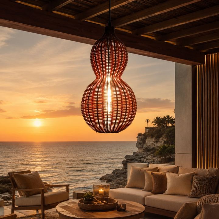 Lámpara exterior tejida, perfecta para comedor al aire libre, luz ambiental y duradera.