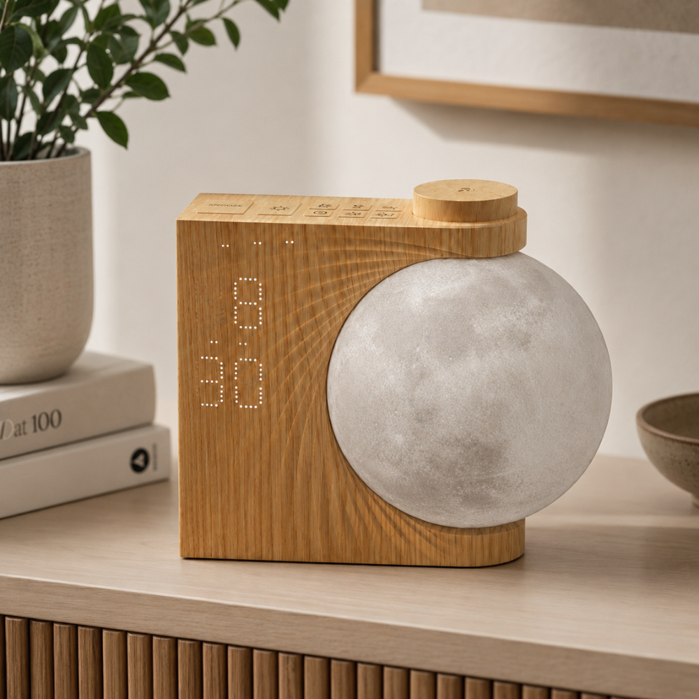 Luz de amanecer para dormitorio: reloj despertador con lámpara de mesita y ambiente relajante.