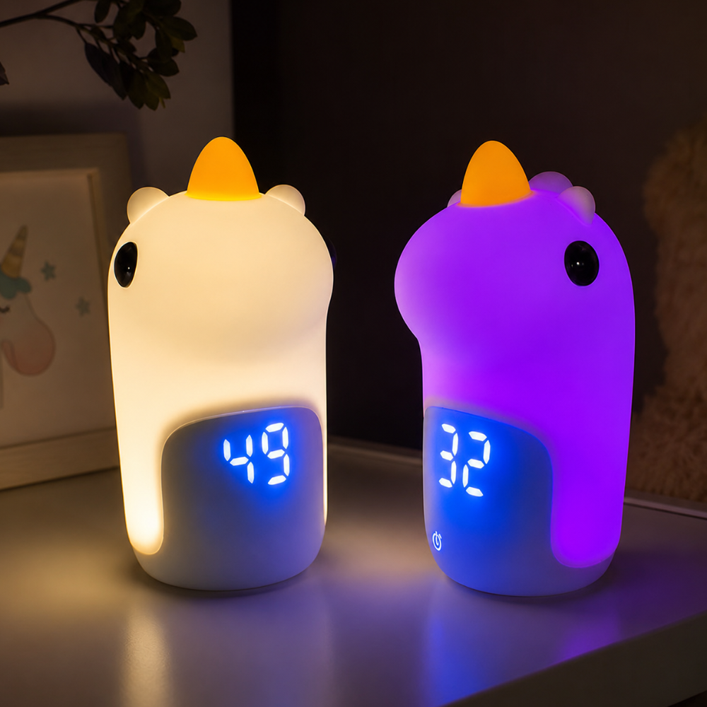Un unicornio de gel de sílice: luz nocturna LED y despertador para niños.