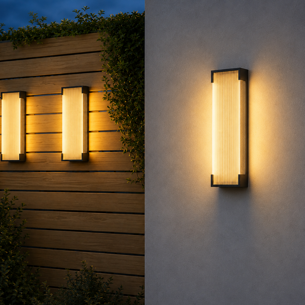 Luz de pared LED regulable para patio, balcón, eficiencia energética en acero inoxidable.