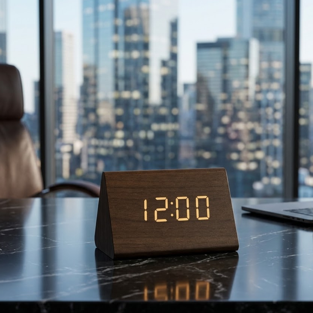 Reloj despertador con control sonoro, ideal para oficinas y habitaciones modernas.