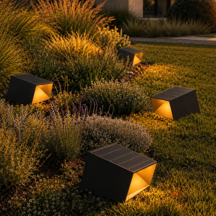 Lámpara solar de camino moderna para jardín, iluminación LED exterior con energía limpia y eficiente.