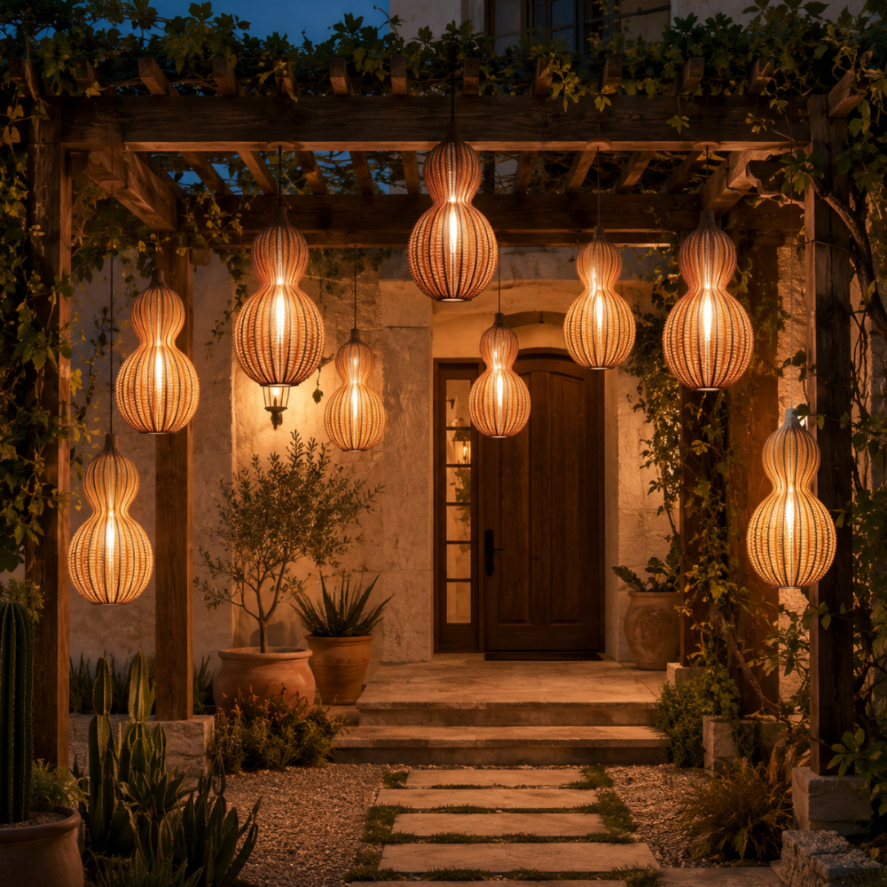 Colgante moderno para patio, lámpara tejida a mano IP65, iluminación exterior atractiva.