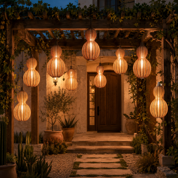 Colgante moderno para patio, lámpara tejida a mano IP65, iluminación exterior atractiva.