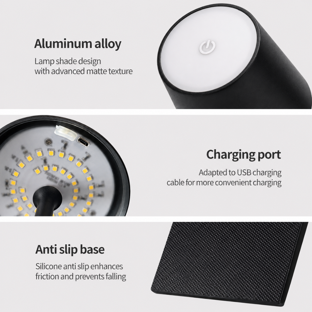 Lámpara de mesa LED, inalámbrica, regulable. Control táctil, diseño nórdico. Para ambientar interiores y exteriores.