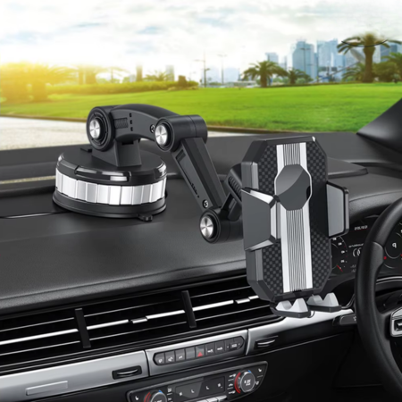 Soporte universal para móvil en auto con ventosa fuerte, ideal para salpicadero o parabrisas. Navegación segura.