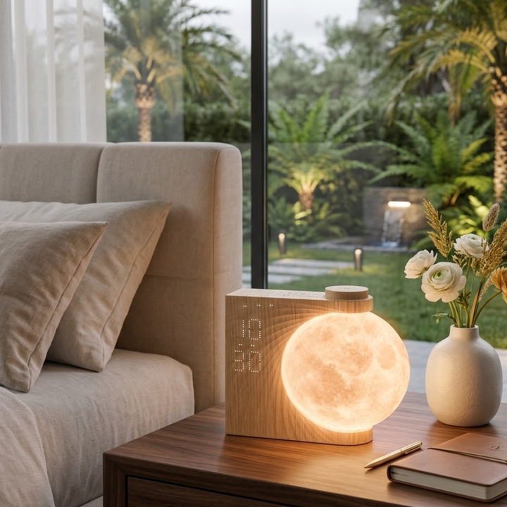 Lámpara de mesita LED regulable con reloj despertador y luz gradual, perfecta para decoración del hogar.