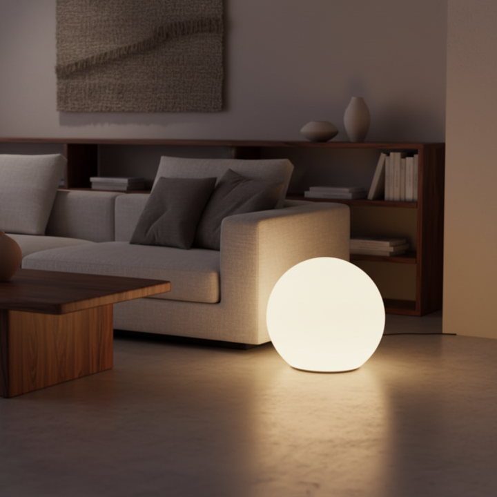 SphereGlow: Esfera LED decorativa con control remoto, ideal para salón o dormitorio.