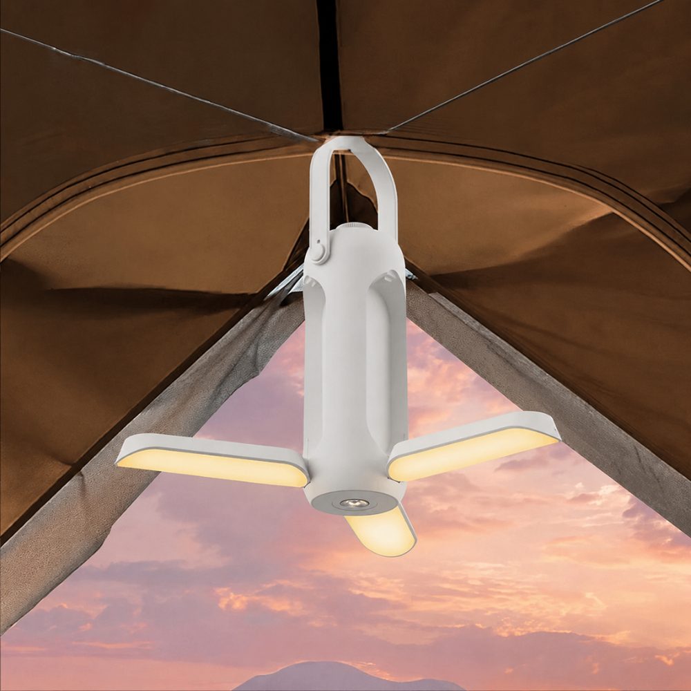 Banco de energía y lámpara LED portátil recargable, ideal para camping y aventura, luz cálida.