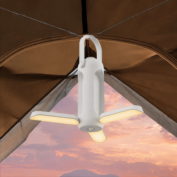 Banco de energía y lámpara LED portátil recargable, ideal para camping y aventura, luz cálida.