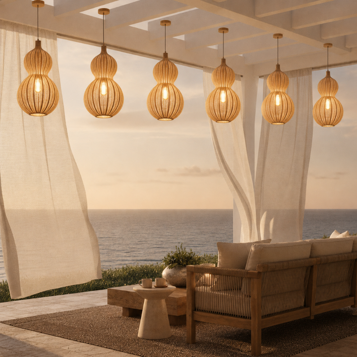 Iluminación de pérgola con lámpara colgante tejida y duradera IP65, estilo costero.