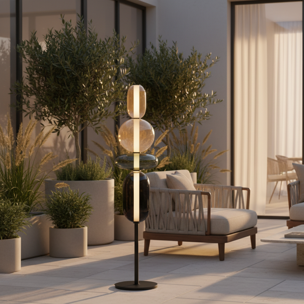Salón moderno: Lámpara de pie LED Solenne, iluminación ambiental elegante. Estilo escultural.
