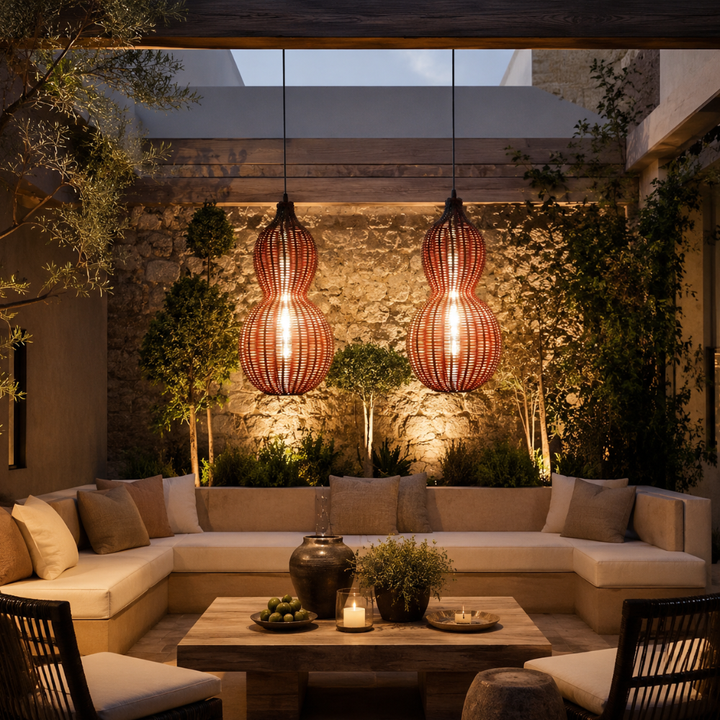 Lámpara tejida moderna para jardín, iluminación sofisticada y resistente a la intemperie.