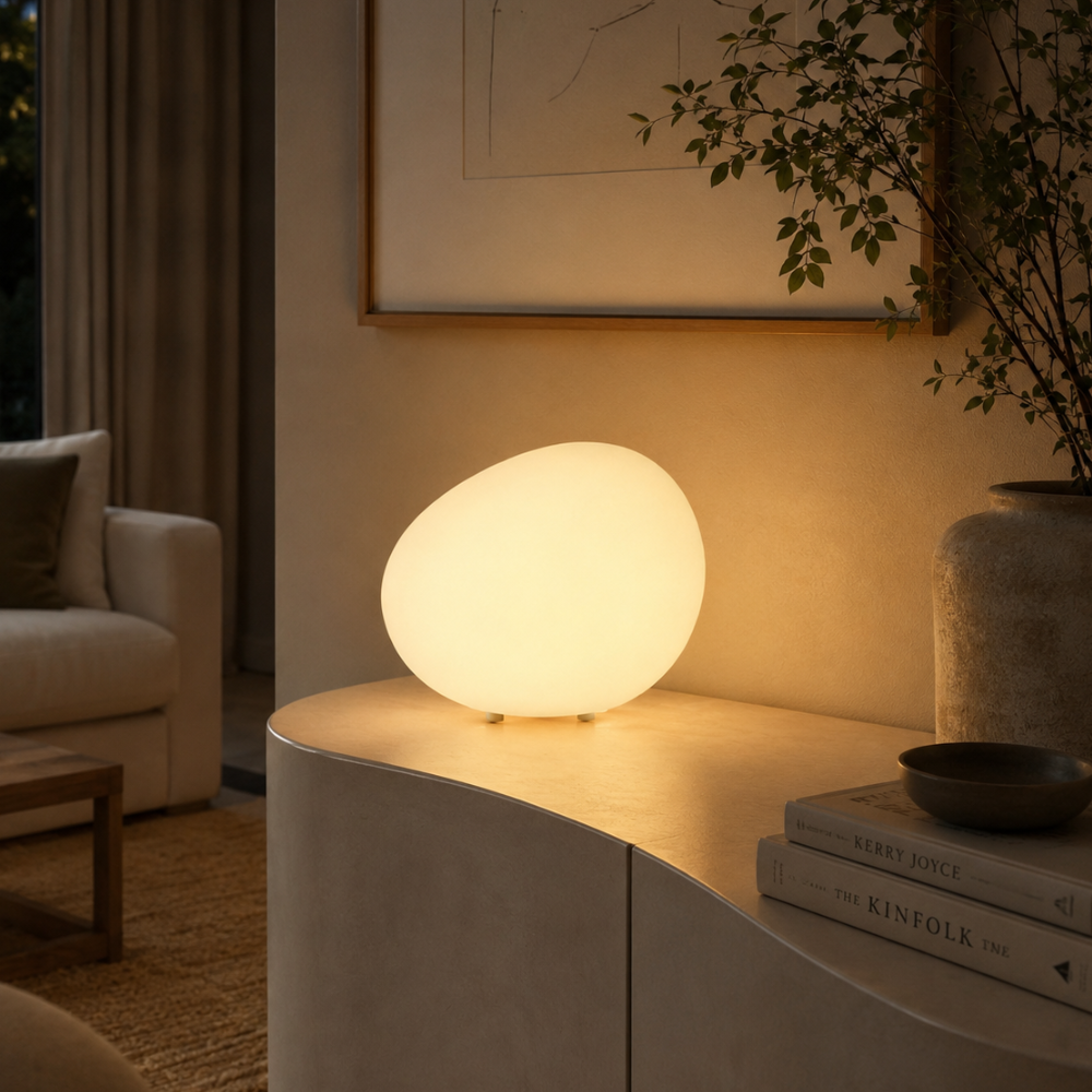Iluminación ambiental con lámpara LED 'Pebble' minimalista para mesa. Luz ajustable.