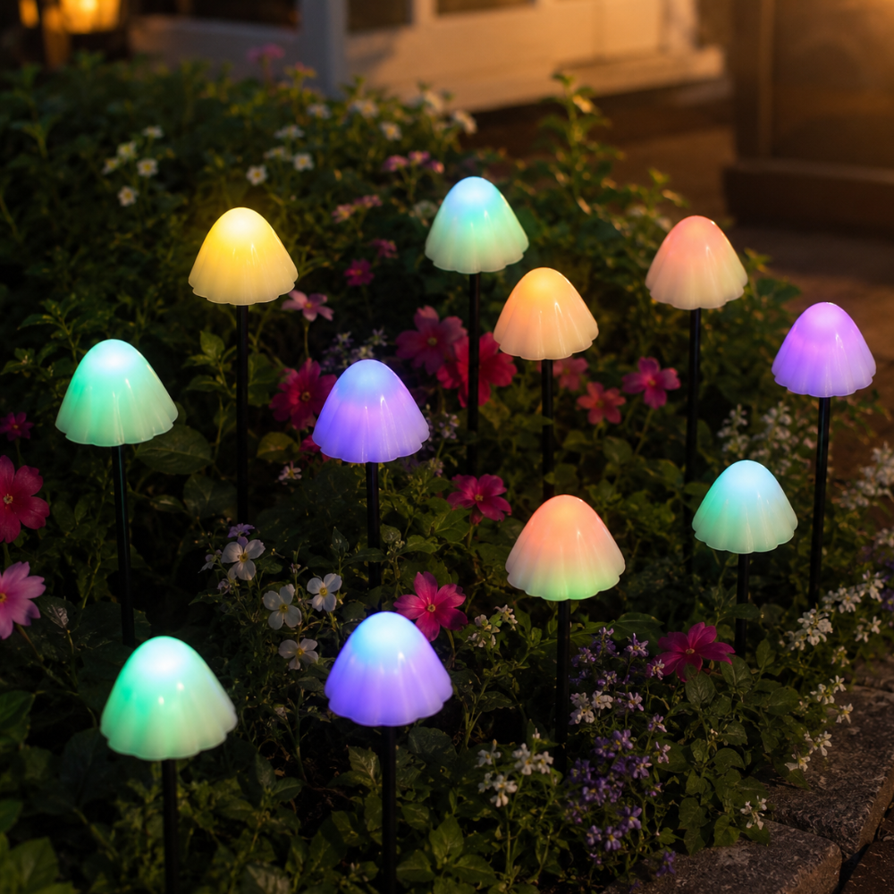 Luces solares LED de hongo para un toque mágico en tu jardín o patio.